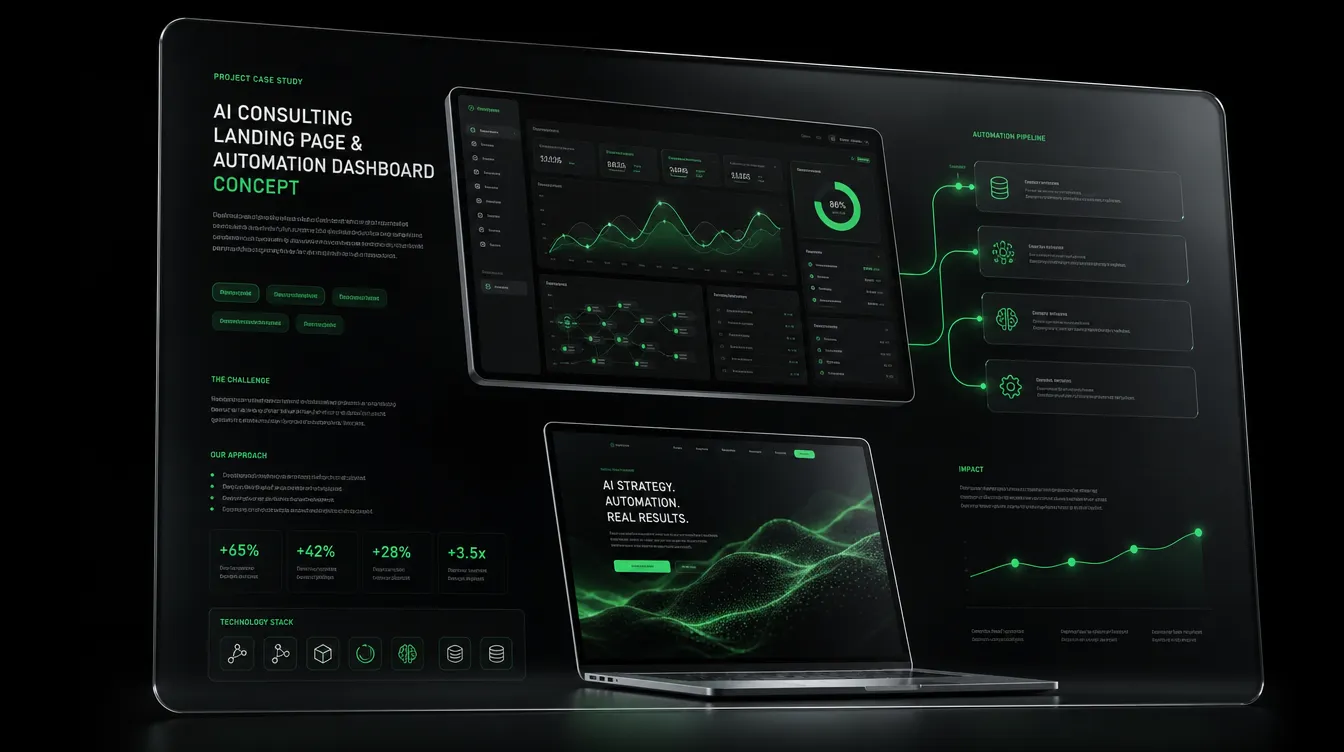 AI danışmanlık dashboard ve landing page konseptinin mockup sunumu