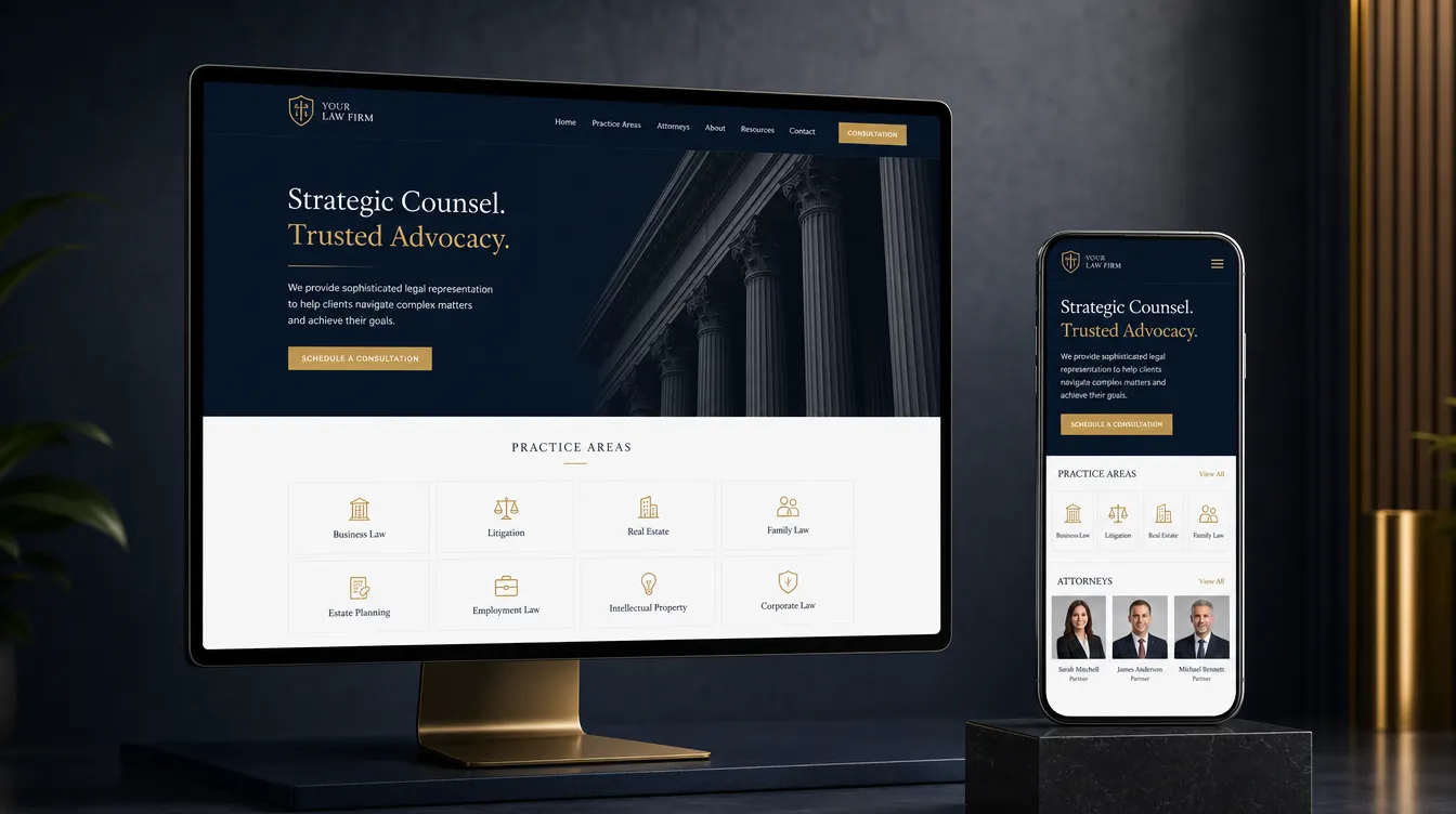 Hukuk bürosu web sitesi konseptinin lacivert-altın tonlarında desktop ve mobil mockup sunumu