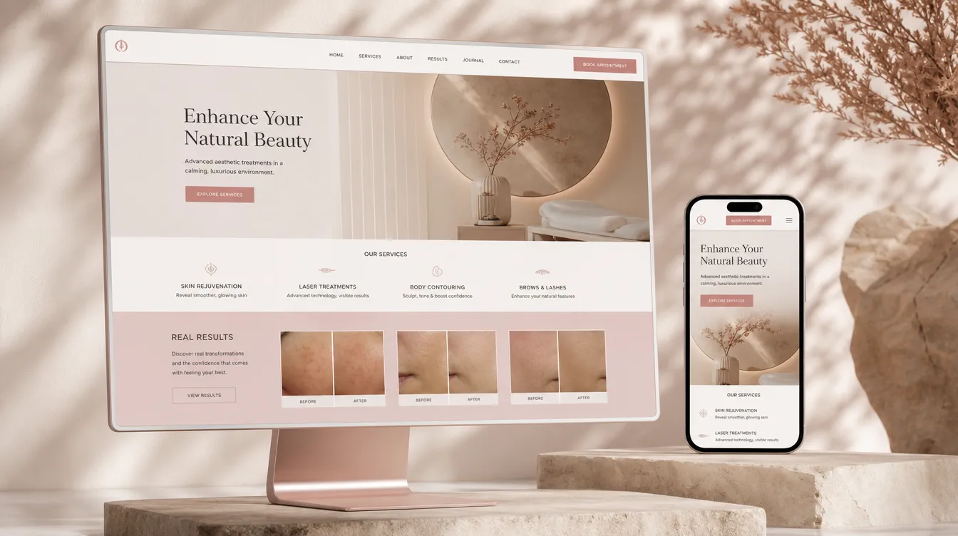 Güzellik merkezi web sitesi konseptinin nude-pudra pembe tonlarında desktop ve mobil mockup sunumu