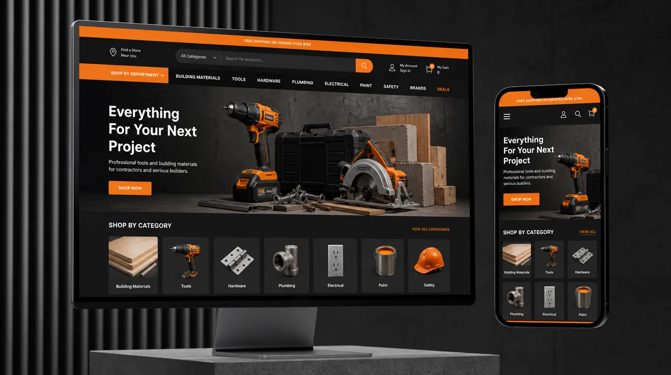 Yapı market e-ticaret sitesi konseptinin endüstriyel turuncu-antrasit tonlarında mockup sunumu