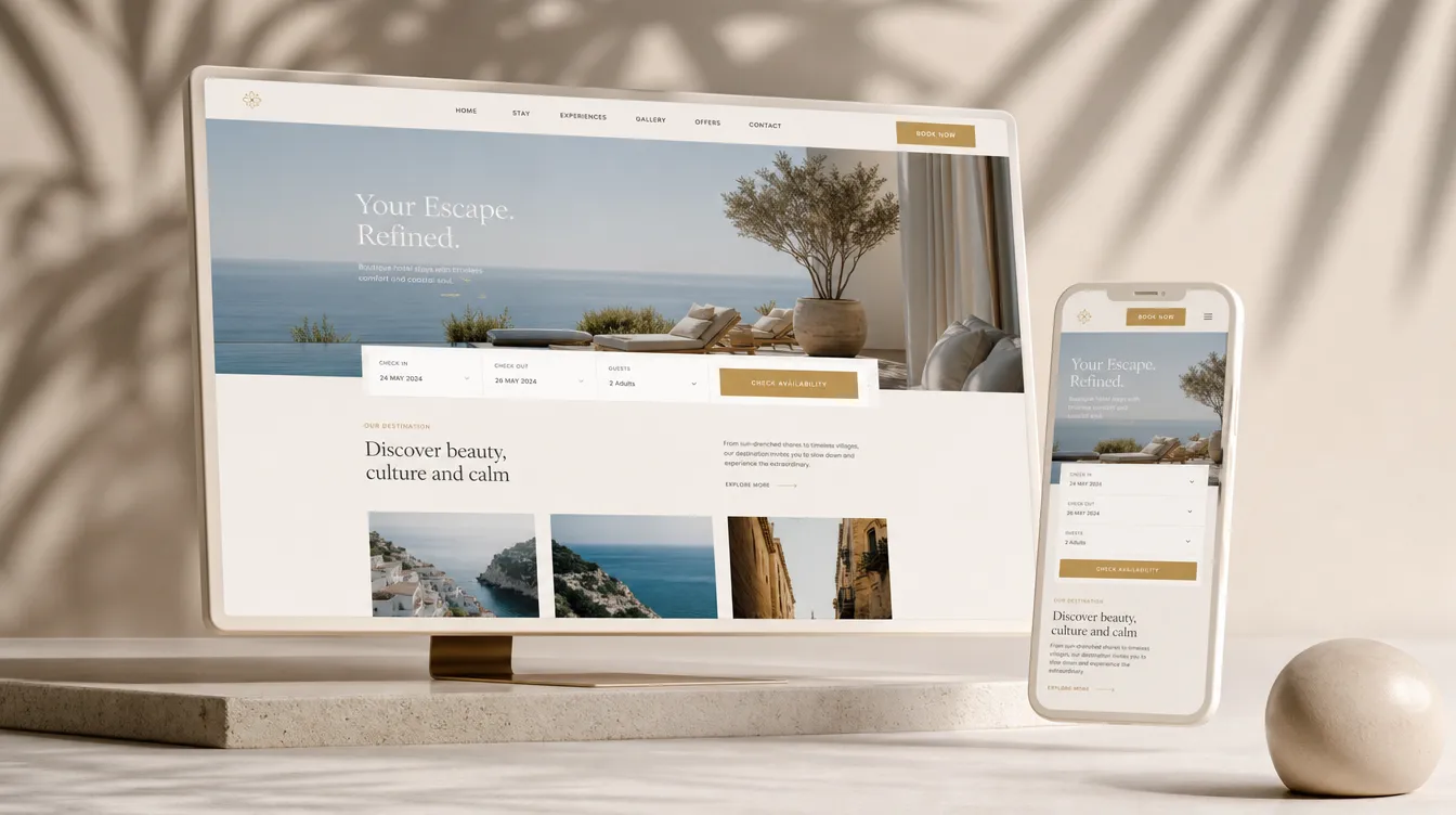 Butik otel web sitesi konseptinin bej-deniz mavisi tonlarında desktop ve mobil mockup sunumu