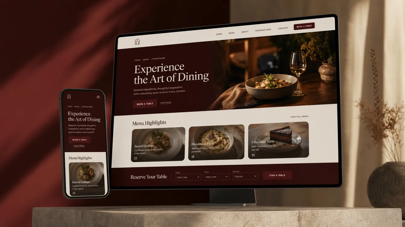 Restoran/kafe web sitesi konseptinin krem-bordo tonlarında desktop ve mobil mockup sunumu
